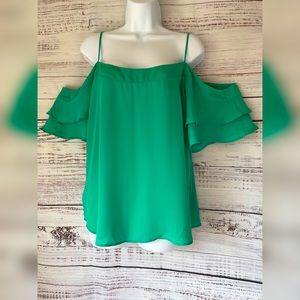 Green Off Shoulder Ruffle-sleeve Blouse by New York & Company